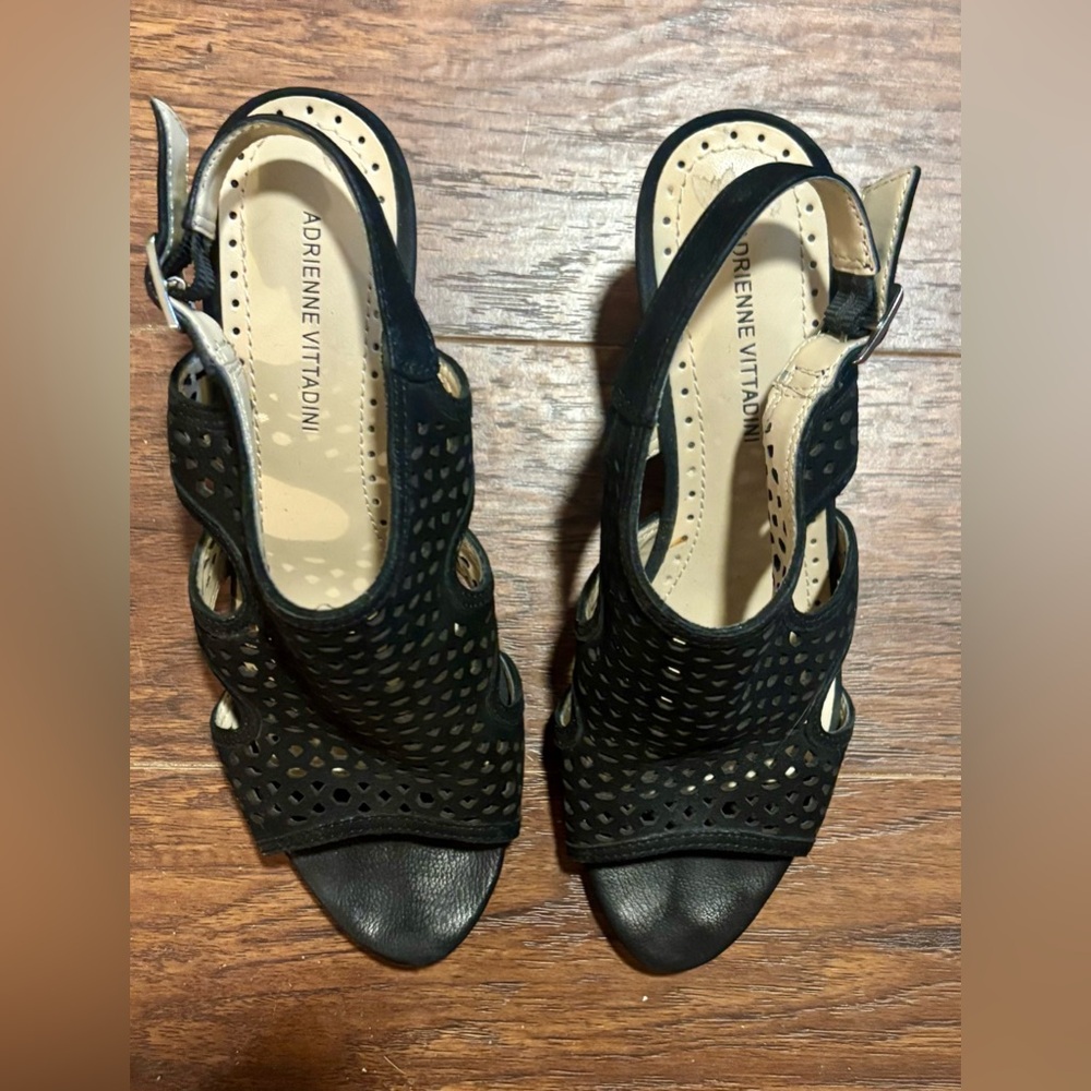 Adrienne Vittadini Black Suede Women's Shoes Size 6 Mesh, Peep toe, and wedge